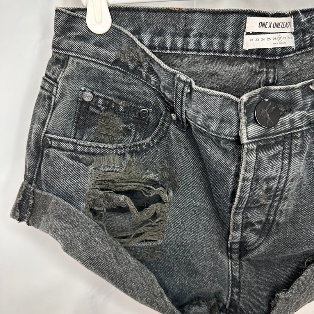 One X One Teaspoon Distressed Black Denim Shorts - Picture 9 of 16